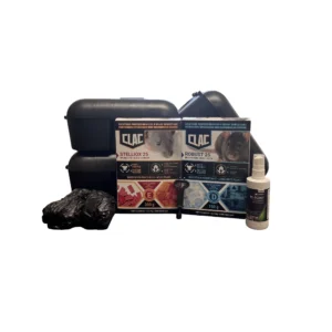 Kit anti-rats pour les petites infestations avec postes d'appâtage, produits raticides, spray attractif, clé et gants.