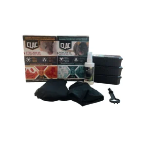 Kit pour lutter contre les petites infestations de souris fournis avec des souricides, des postes d'appâtage, une clé de sécurité, un spray attractif et des gants de protection.