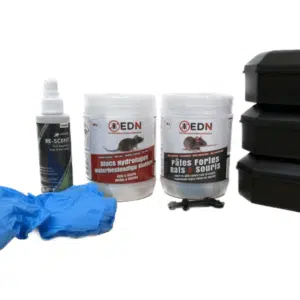 Kit anti-souris pour les petites infestations avec postes d'appâtage, produits souricides, spray attractif, clé et gants