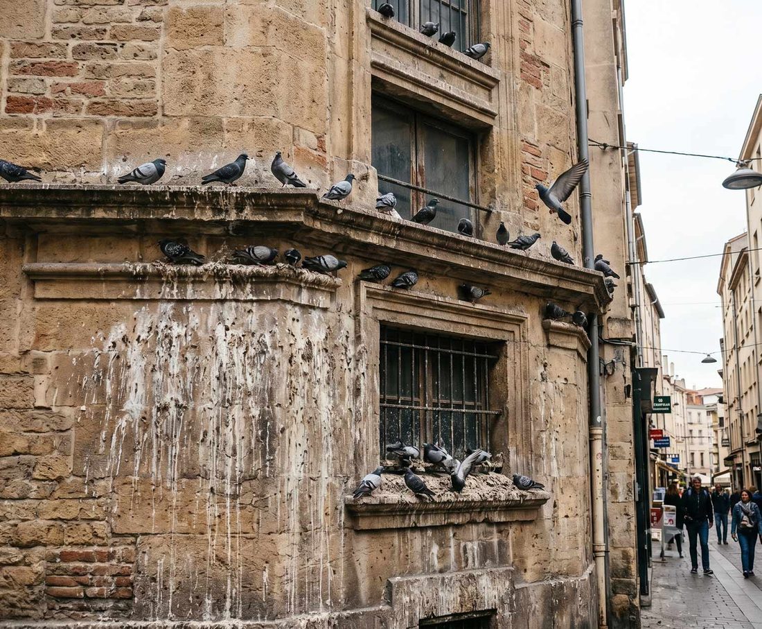 Façade tachée par les fientes de pigeons