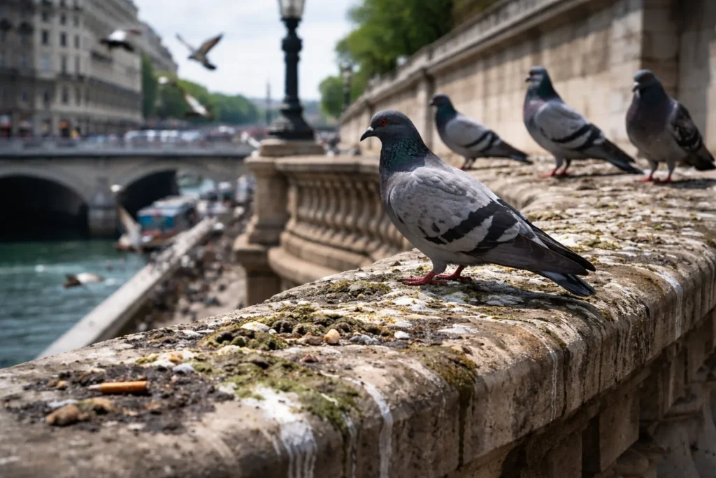 Pigeons sur balustrade en ville